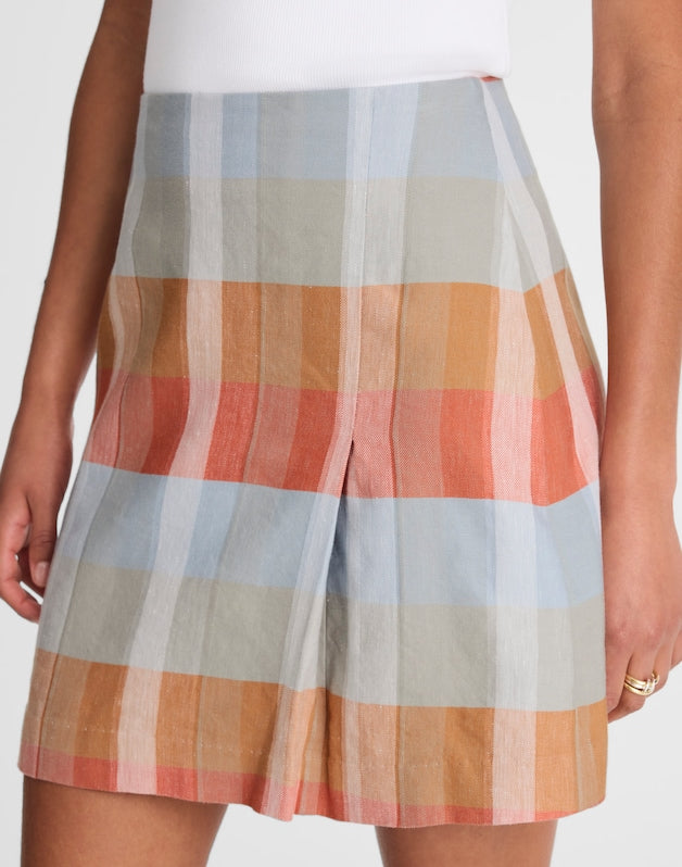 Single-Pleat Mini Skirt in 100% Linen BLUE ORANGE PLAID