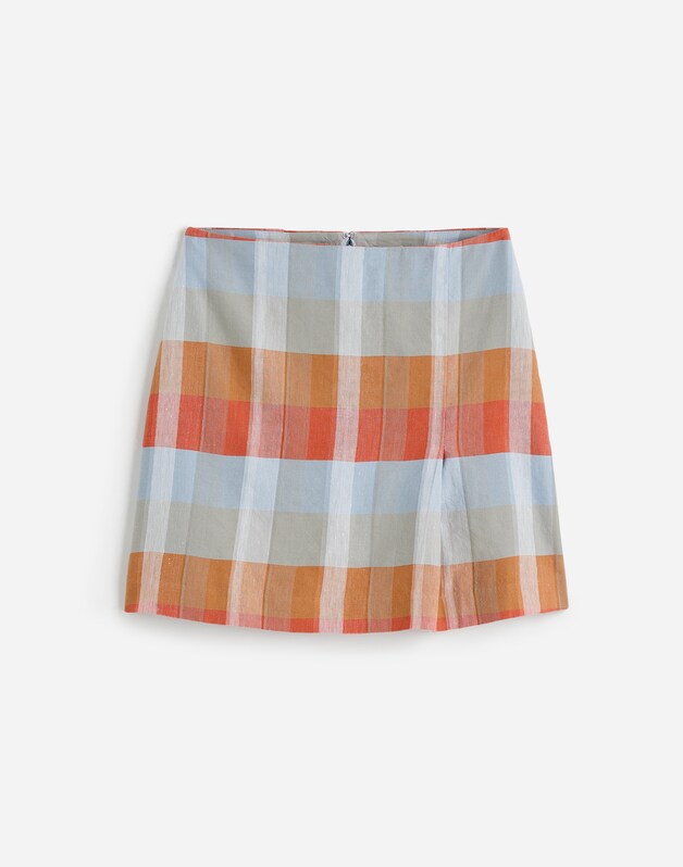 Single-Pleat Mini Skirt in 100% Linen BLUE ORANGE PLAID