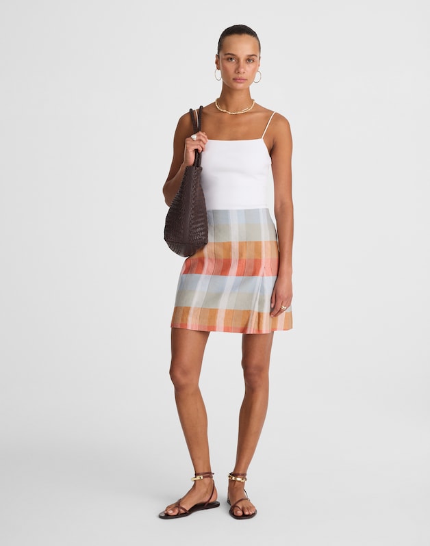 Single-Pleat Mini Skirt in 100% Linen BLUE ORANGE PLAID