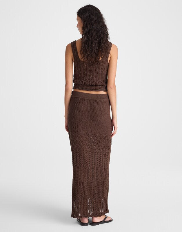 Pointelle-Stitch Maxi Skirt DARK BROWN