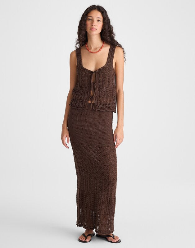 Pointelle-Stitch Maxi Skirt DARK BROWN