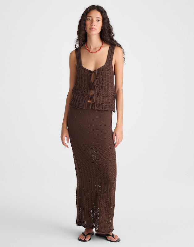 Pointelle-Stitch Maxi Skirt DARK BROWN