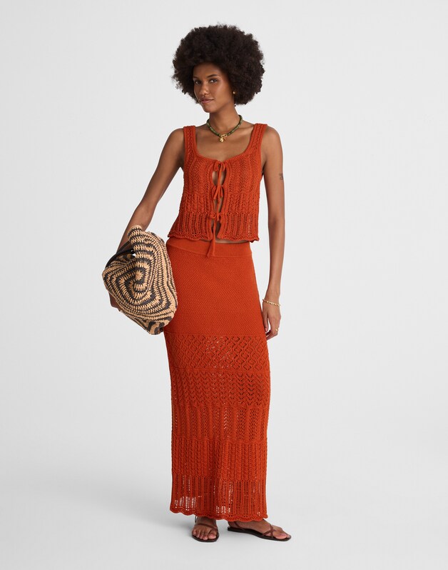 Pointelle-Stitch Maxi Skirt RUSTIC FLAME