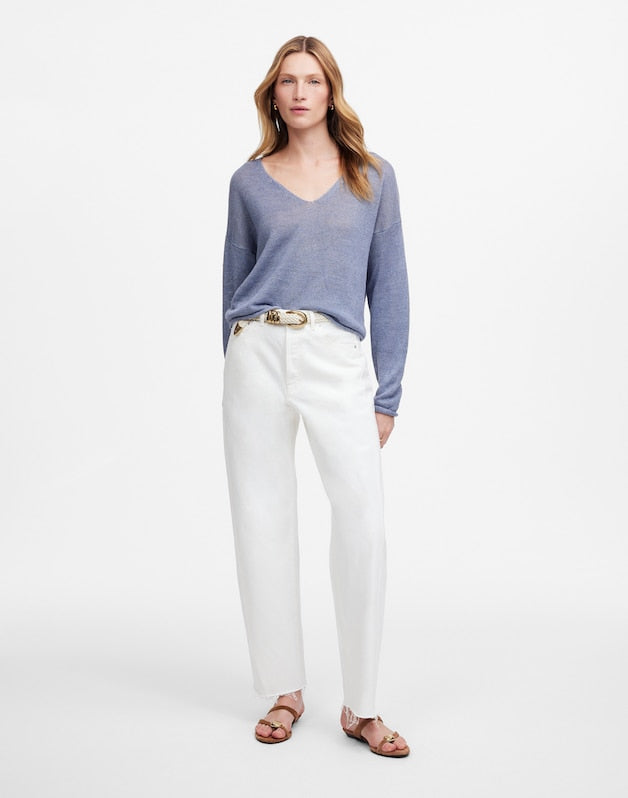 Pieced Barrel-Leg Jeans in Tile White TILE WHITE