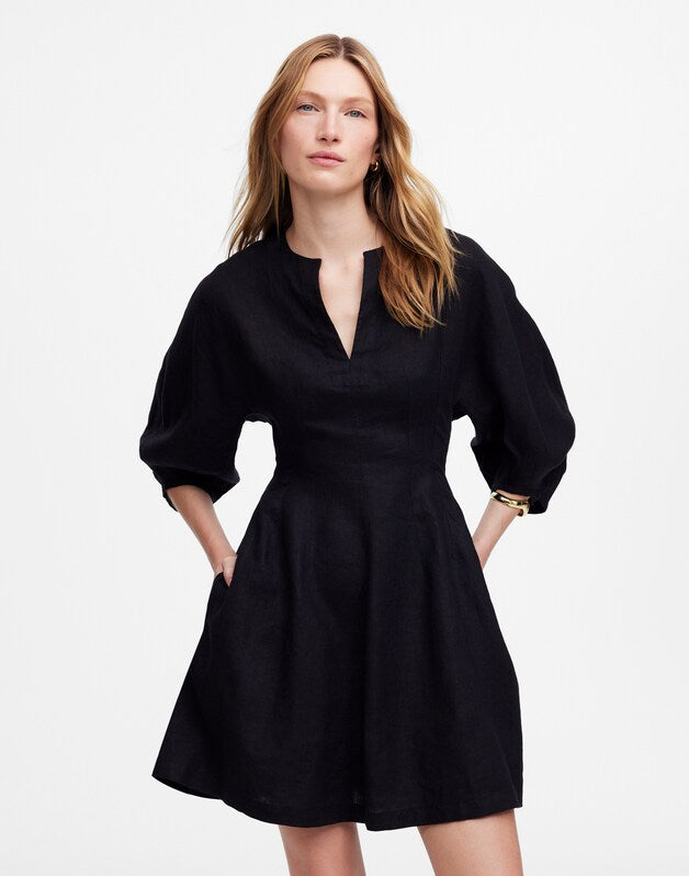 Splitneck Mini Dress in 100% Linen JET BLACK