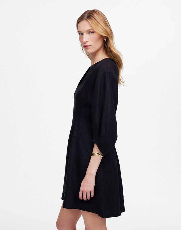 Splitneck Mini Dress in 100% Linen JET BLACK