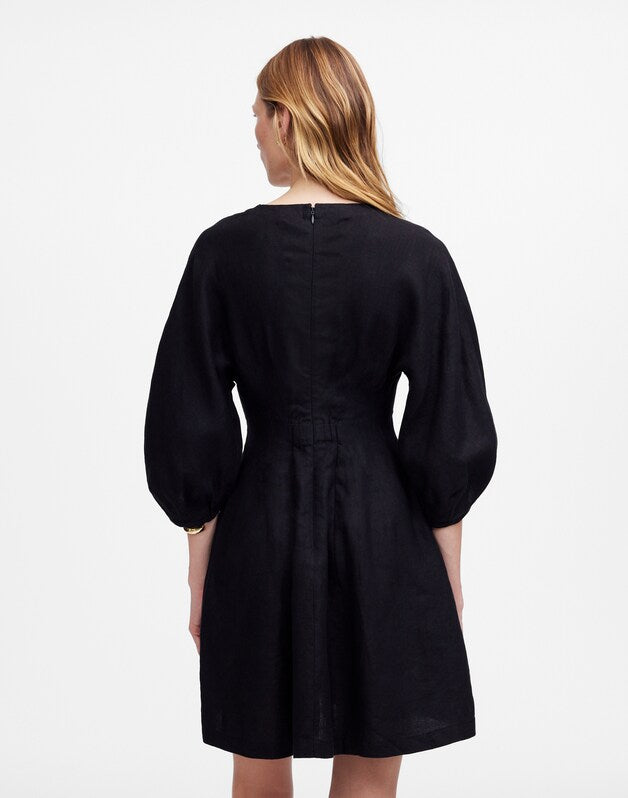 Splitneck Mini Dress in 100% Linen JET BLACK