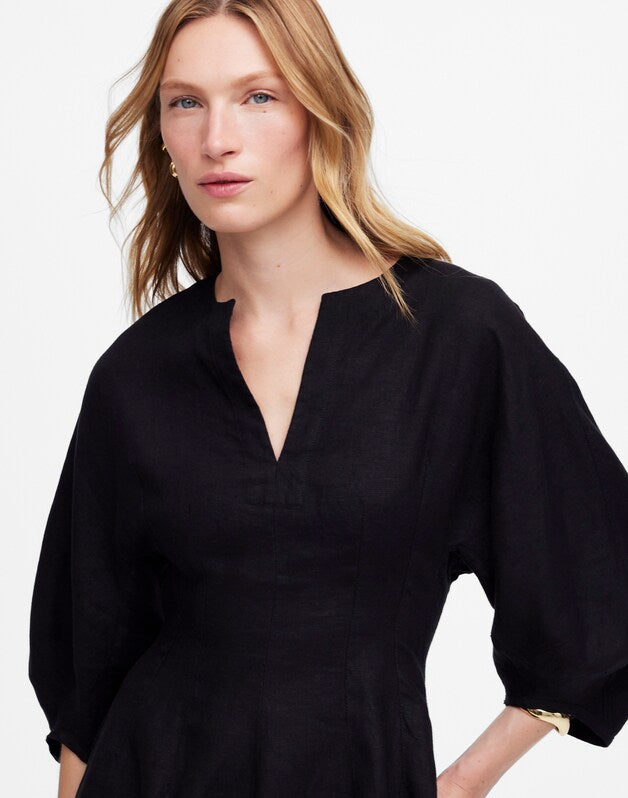 Splitneck Mini Dress in 100% Linen JET BLACK