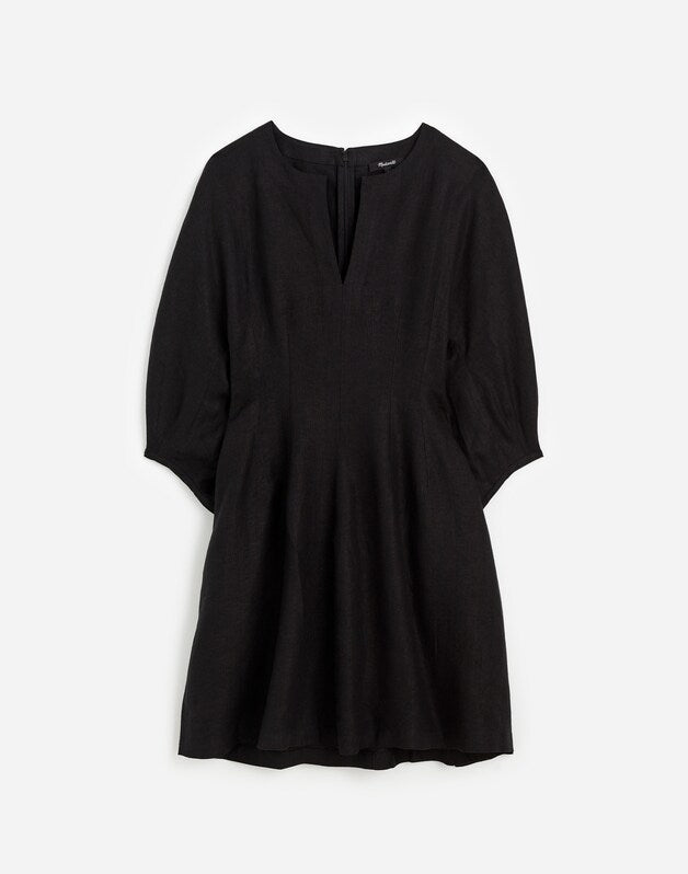 Splitneck Mini Dress in 100% Linen JET BLACK