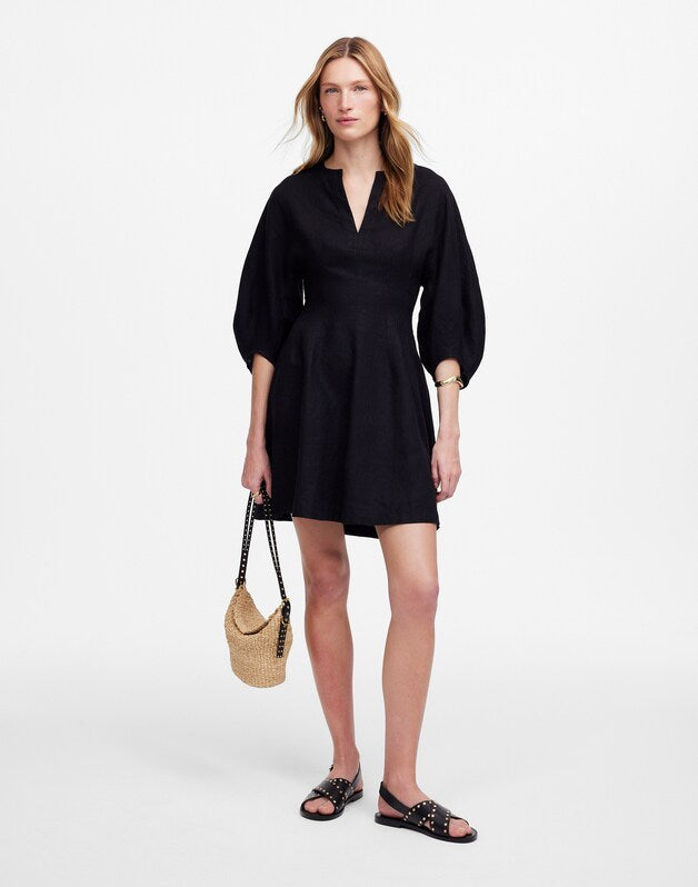 Splitneck Mini Dress in 100% Linen JET BLACK