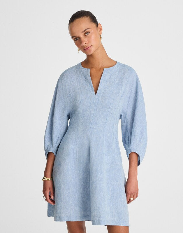 Splitneck Mini Dress in 100% Linen SUNFADED BLUE