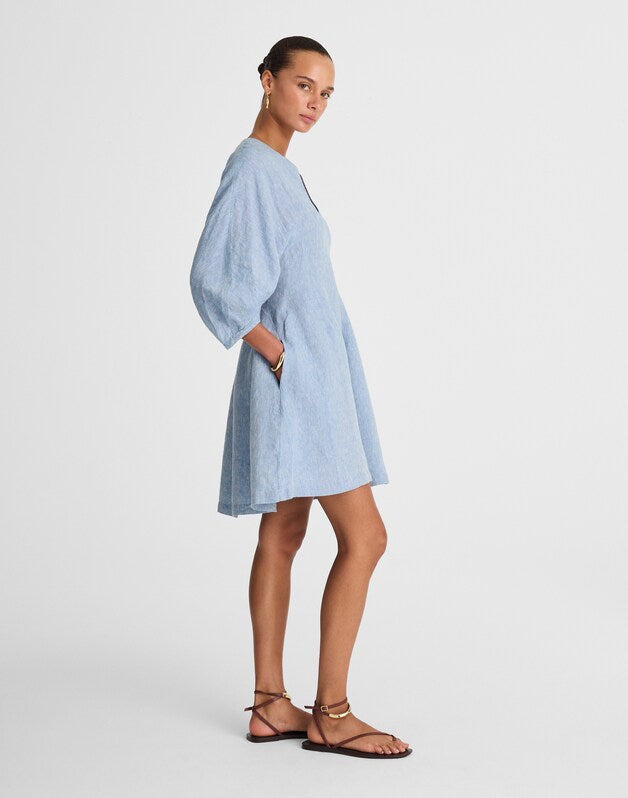 Splitneck Mini Dress in 100% Linen SUNFADED BLUE