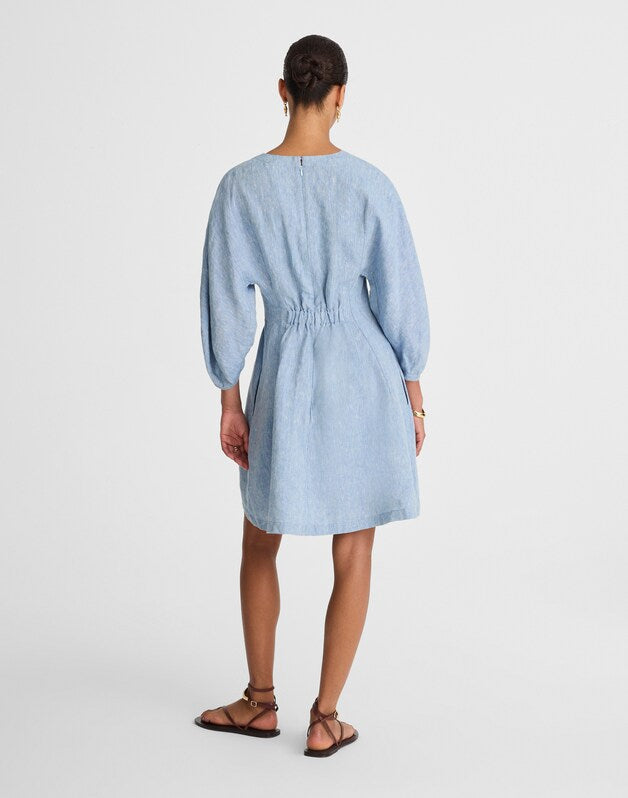 Splitneck Mini Dress in 100% Linen SUNFADED BLUE