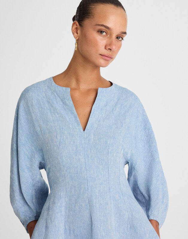 Splitneck Mini Dress in 100% Linen SUNFADED BLUE