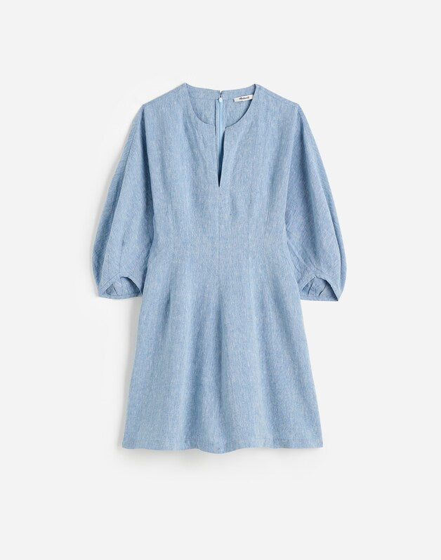 Splitneck Mini Dress in 100% Linen SUNFADED BLUE