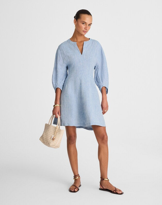 Splitneck Mini Dress in 100% Linen SUNFADED BLUE