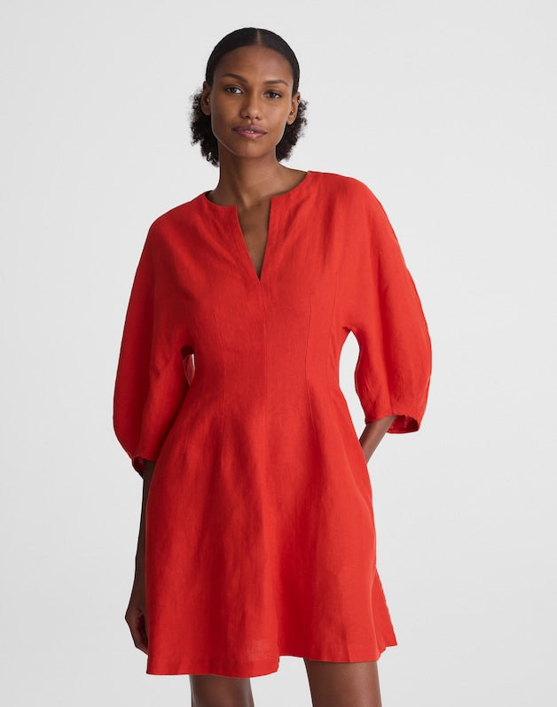 Splitneck Mini Dress in 100% Linen WILD POPPY