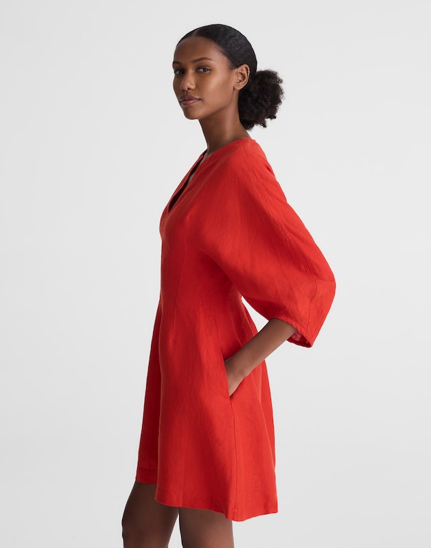 Splitneck Mini Dress in 100% Linen WILD POPPY