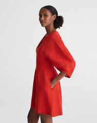 Splitneck Mini Dress in 100% Linen WILD POPPY