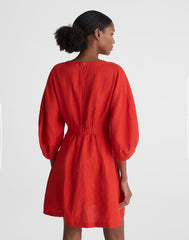 Splitneck Mini Dress in 100% Linen WILD POPPY