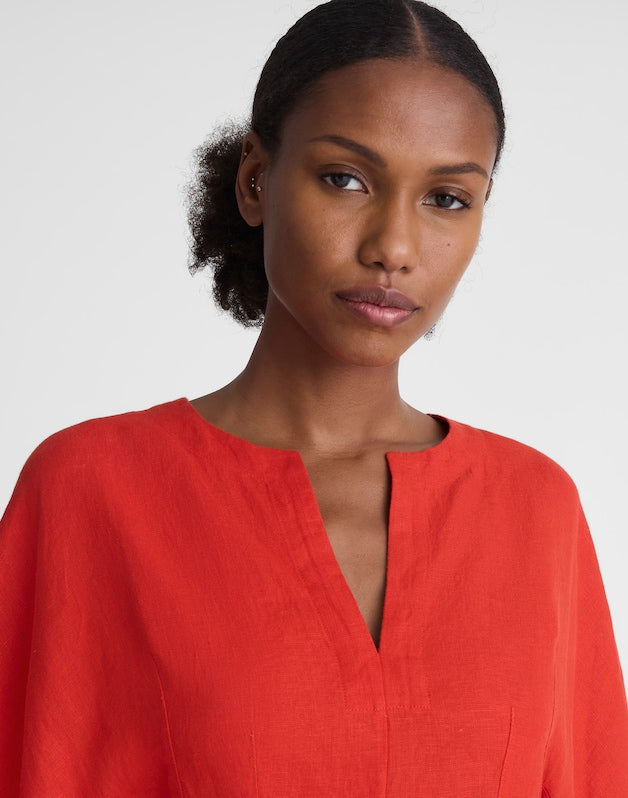 Splitneck Mini Dress in 100% Linen WILD POPPY