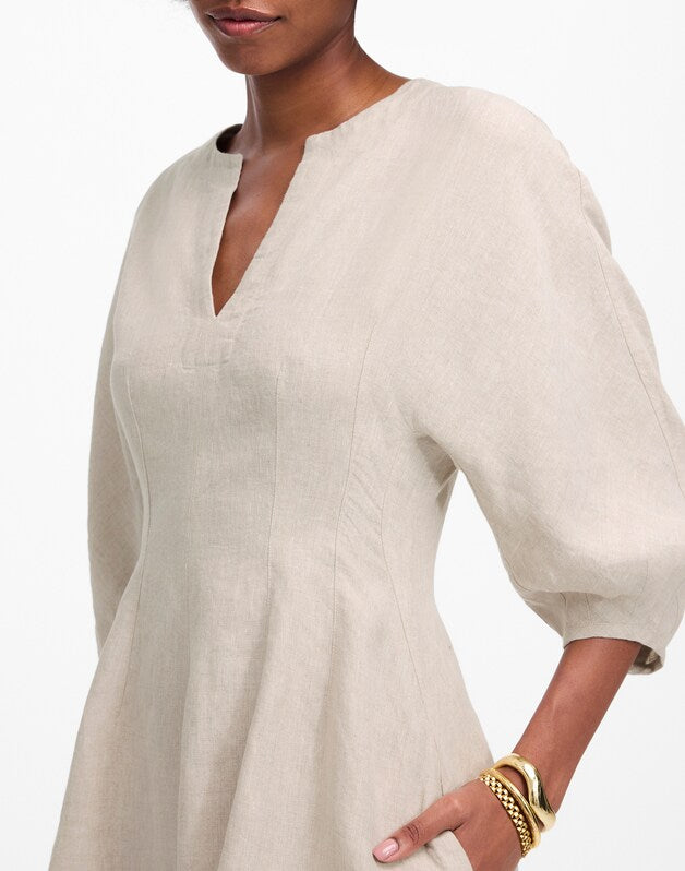 Splitneck Mini Dress in 100% Linen OAT