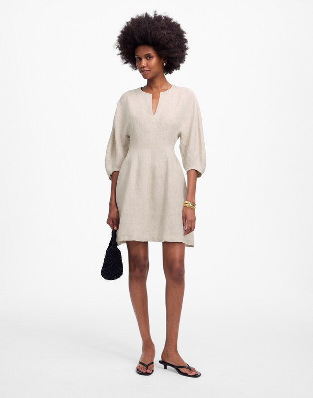 Splitneck Mini Dress in 100% Linen OAT
