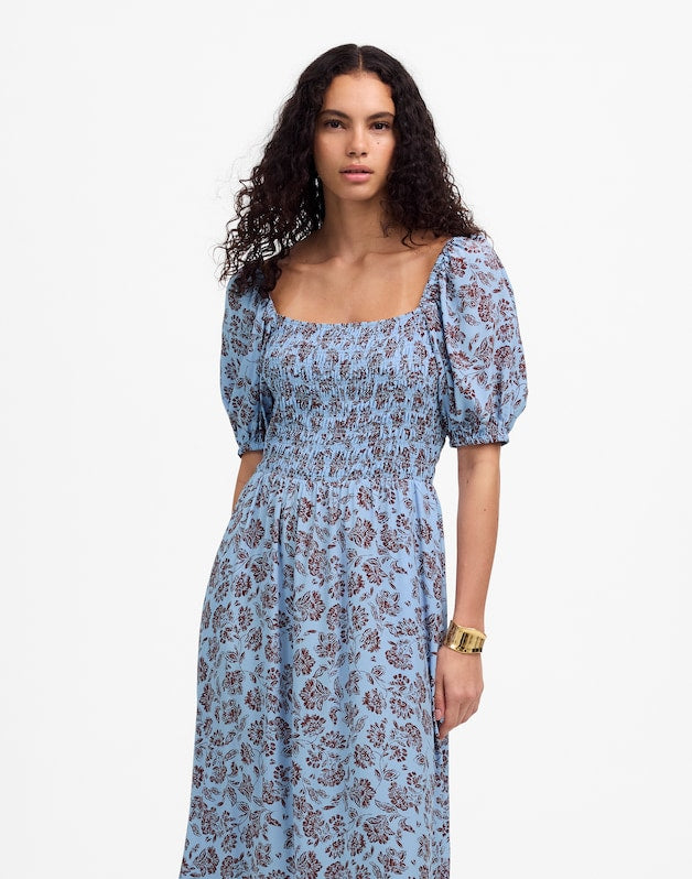 Smocked Puff-Sleeve Dress in Floral SAYLOR FLORAL LIGHT POOL