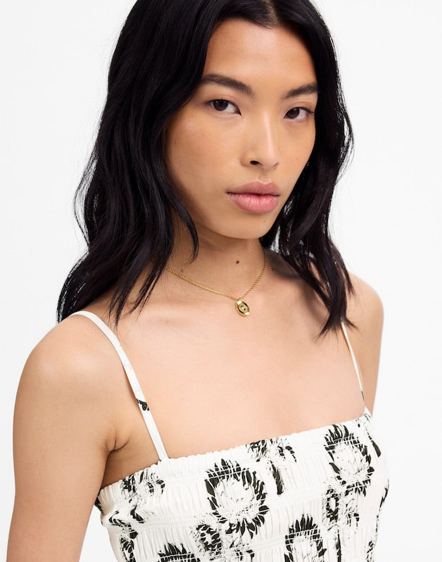 Poplin Smocked Maxi Dress in Floral GRAPHIC SUNFLOWERS WHITE