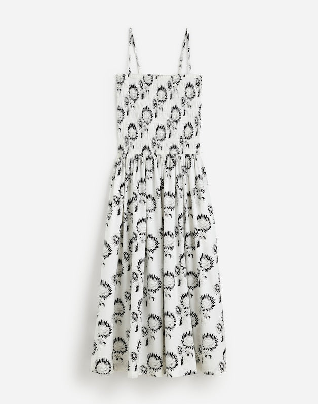 Poplin Smocked Maxi Dress in Floral GRAPHIC SUNFLOWERS WHITE