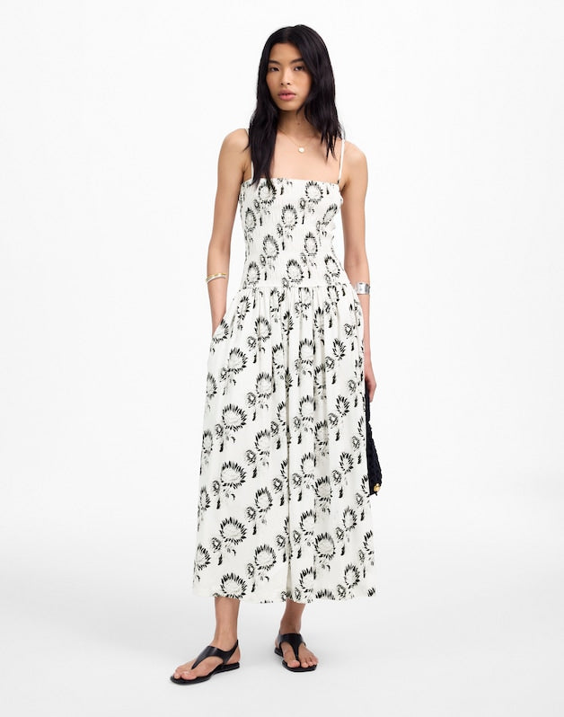 Poplin Smocked Maxi Dress in Floral GRAPHIC SUNFLOWERS WHITE