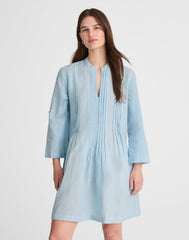 Pleated Splitneck Mini Shirtdress in Stripe BLUE WHITE MULTI STRIPE