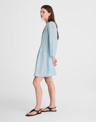 Pleated Splitneck Mini Shirtdress in Stripe BLUE WHITE MULTI STRIPE