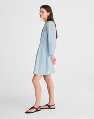 Pleated Splitneck Mini Shirtdress in Stripe BLUE WHITE MULTI STRIPE