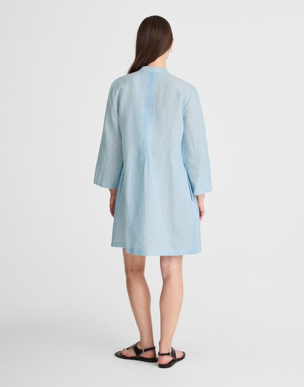 Pleated Splitneck Mini Shirtdress in Stripe BLUE WHITE MULTI STRIPE