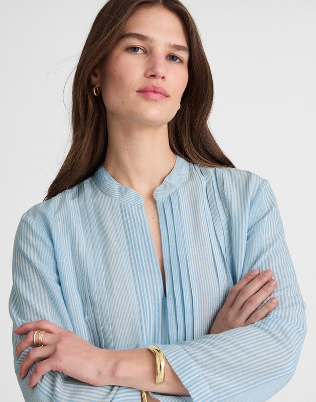 Pleated Splitneck Mini Shirtdress in Stripe BLUE WHITE MULTI STRIPE