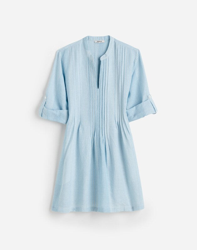 Pleated Splitneck Mini Shirtdress in Stripe BLUE WHITE MULTI STRIPE