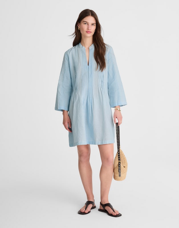 Pleated Splitneck Mini Shirtdress in Stripe BLUE WHITE MULTI STRIPE