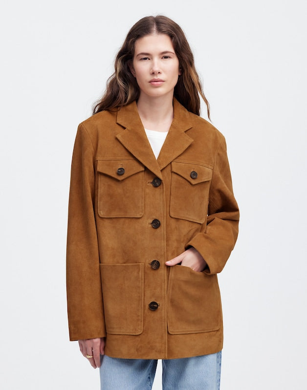 Long Chore Blazer in Suede AGED COGNAC