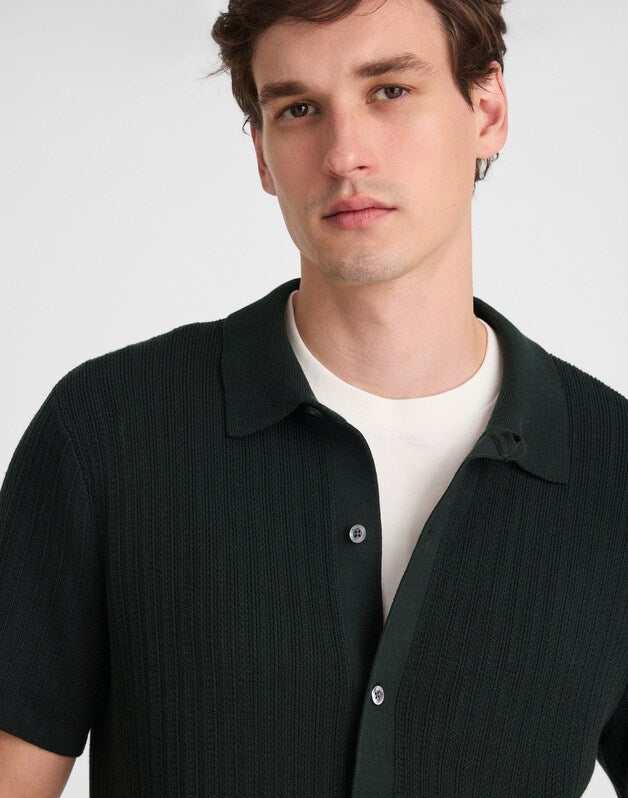 Tuck-Stitch Button-Up Sweater Polo DARK BOTTLE