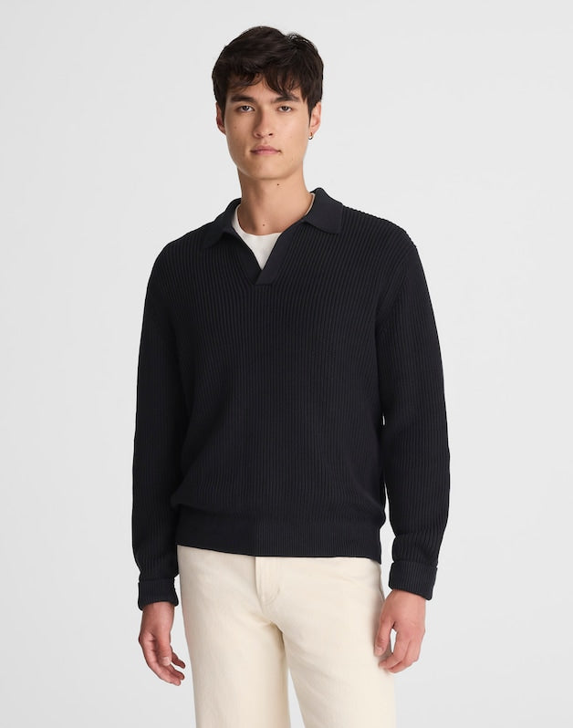 Cotton Shaker-Stitch Johnny-Collar Sweater Polo WASHED BLACK