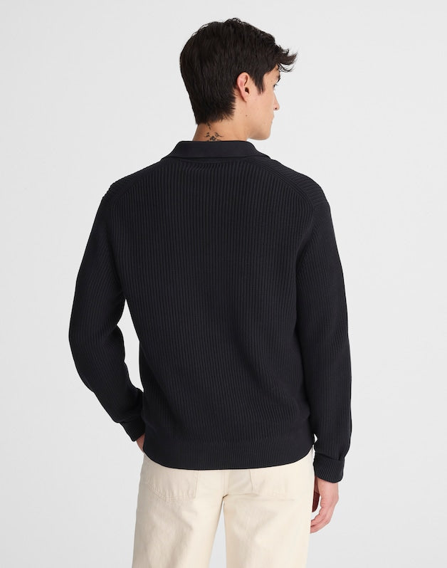 Cotton Shaker-Stitch Johnny-Collar Sweater Polo WASHED BLACK