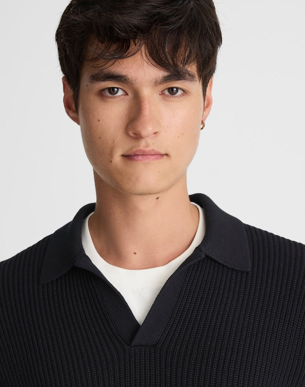 Cotton Shaker-Stitch Johnny-Collar Sweater Polo WASHED BLACK