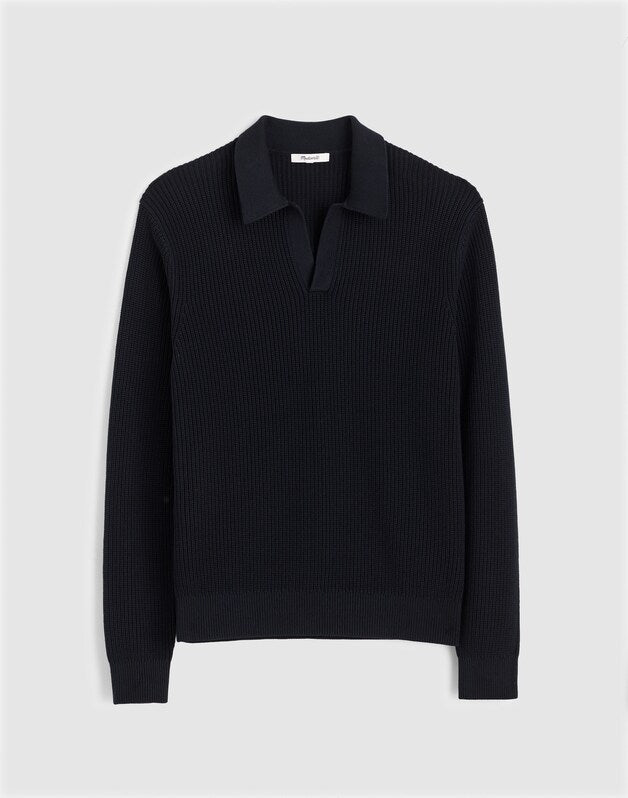 Cotton Shaker-Stitch Johnny-Collar Sweater Polo WASHED BLACK