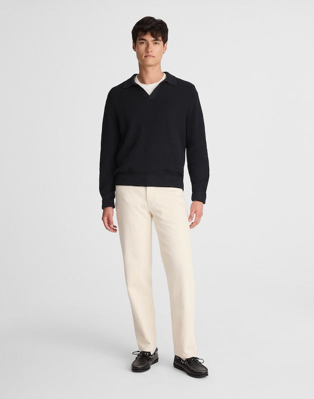 Cotton Shaker-Stitch Johnny-Collar Sweater Polo WASHED BLACK