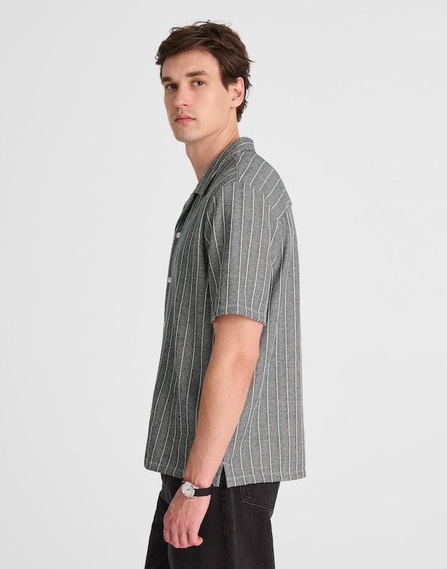Textured Stripe Camp-Collar Shirt NAVY