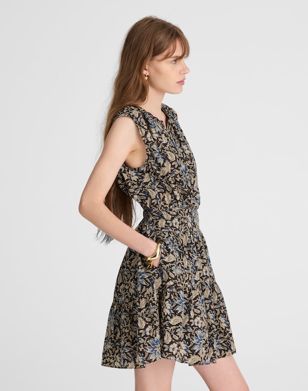 Gathered Button-Front Mini Dress in Floral DARK CAROB