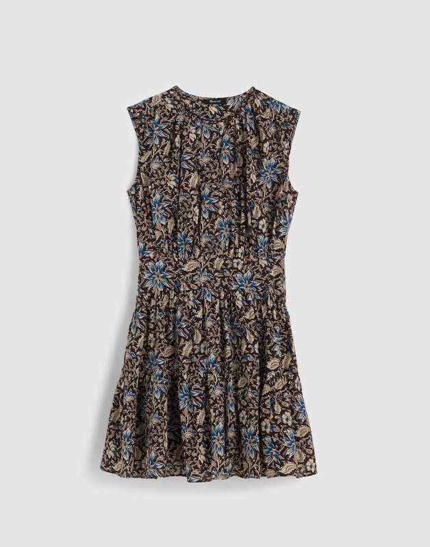 Gathered Button-Front Mini Dress in Floral DARK CAROB
