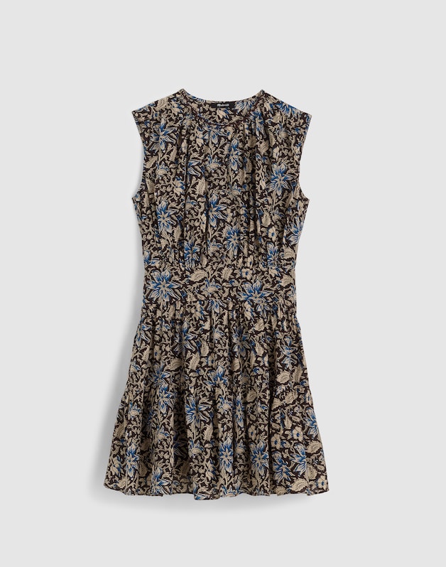 Gathered Button-Front Mini Dress in Floral DARK CAROB