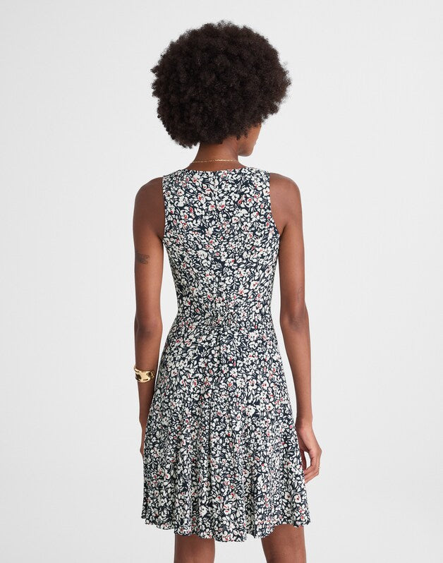 Button-Front Boatneck Mini Dress in Floral AMANDA FLORAL NAVY
